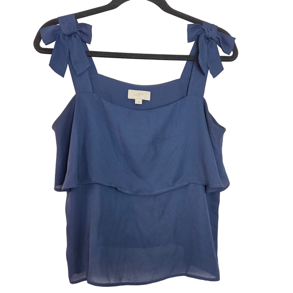 LOFT Blue Tie Shoulder Tank Top‎ Flowy Layered Bow Strap Cami